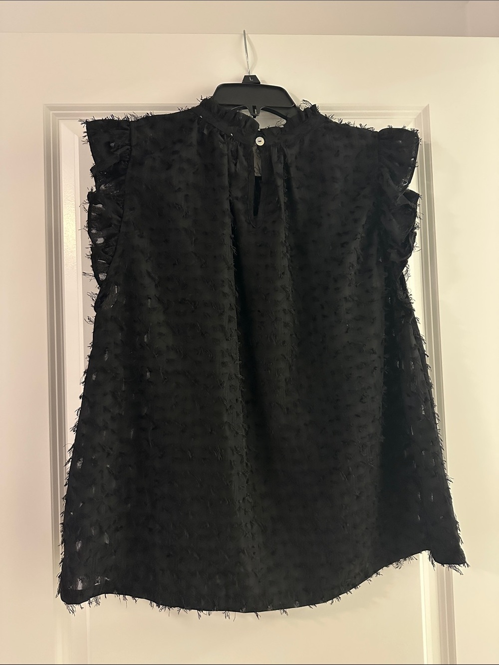 THML NWT Black Swiss Dot Ruffle Sleeve Mock Neck Blouse Size L - Picture 2 of 2